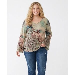 Vintage Xcit‎ U.S.A size 2X Abstract Boho Print Flare Sleeve Stretch Blouse